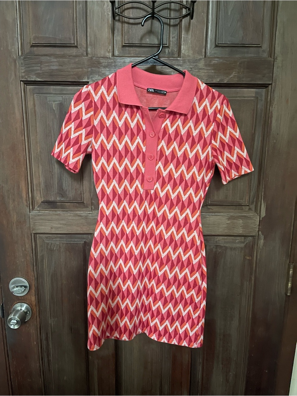 Zara Pink Jacquard Chevron Knit Polo Dress